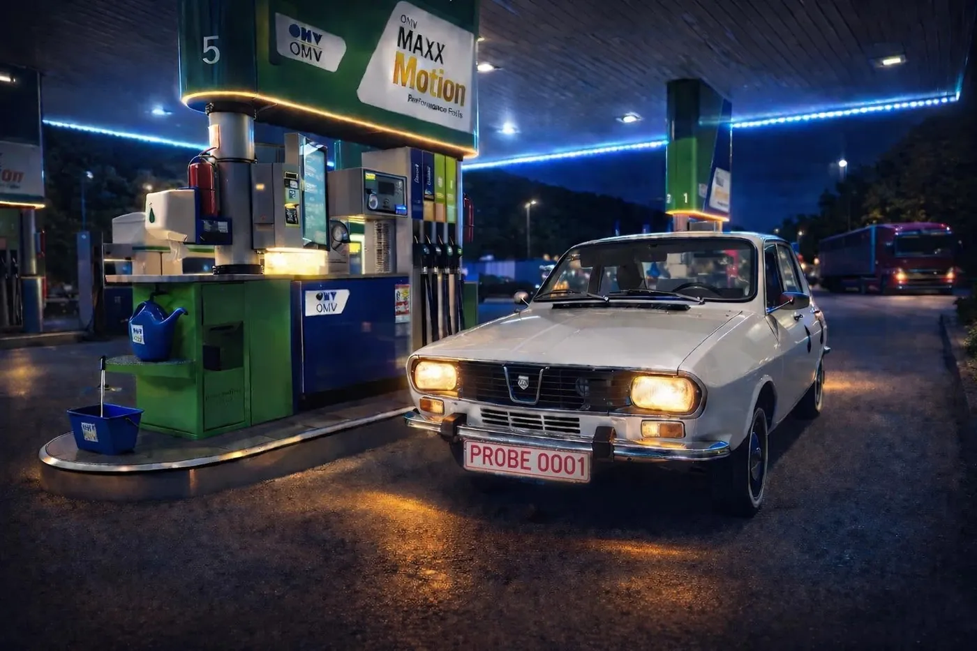 Dacia 1300 albă fotografiată noaptea, cu farurile aprinse