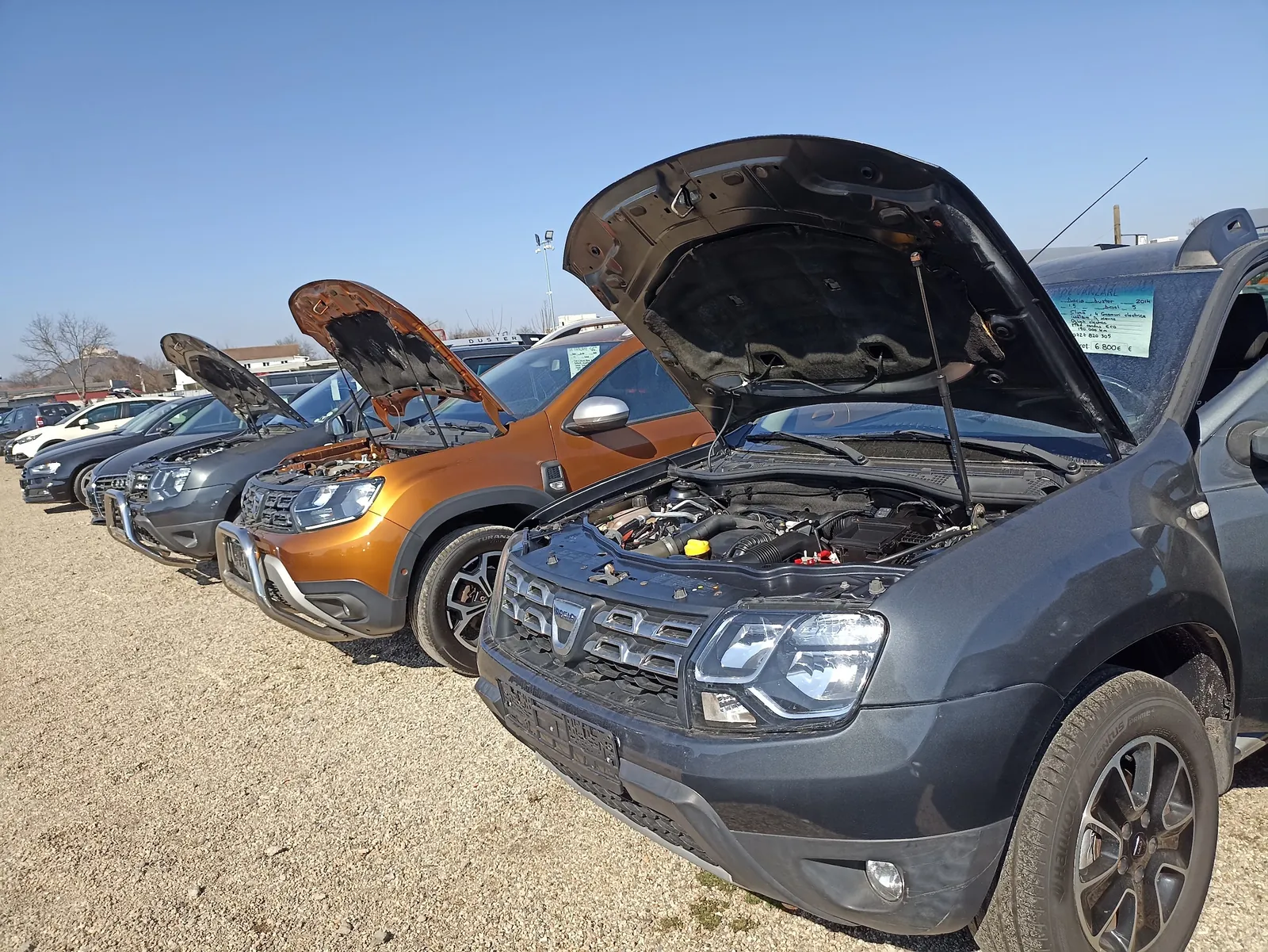 Dacia Duster cu capota deschisă, în parc