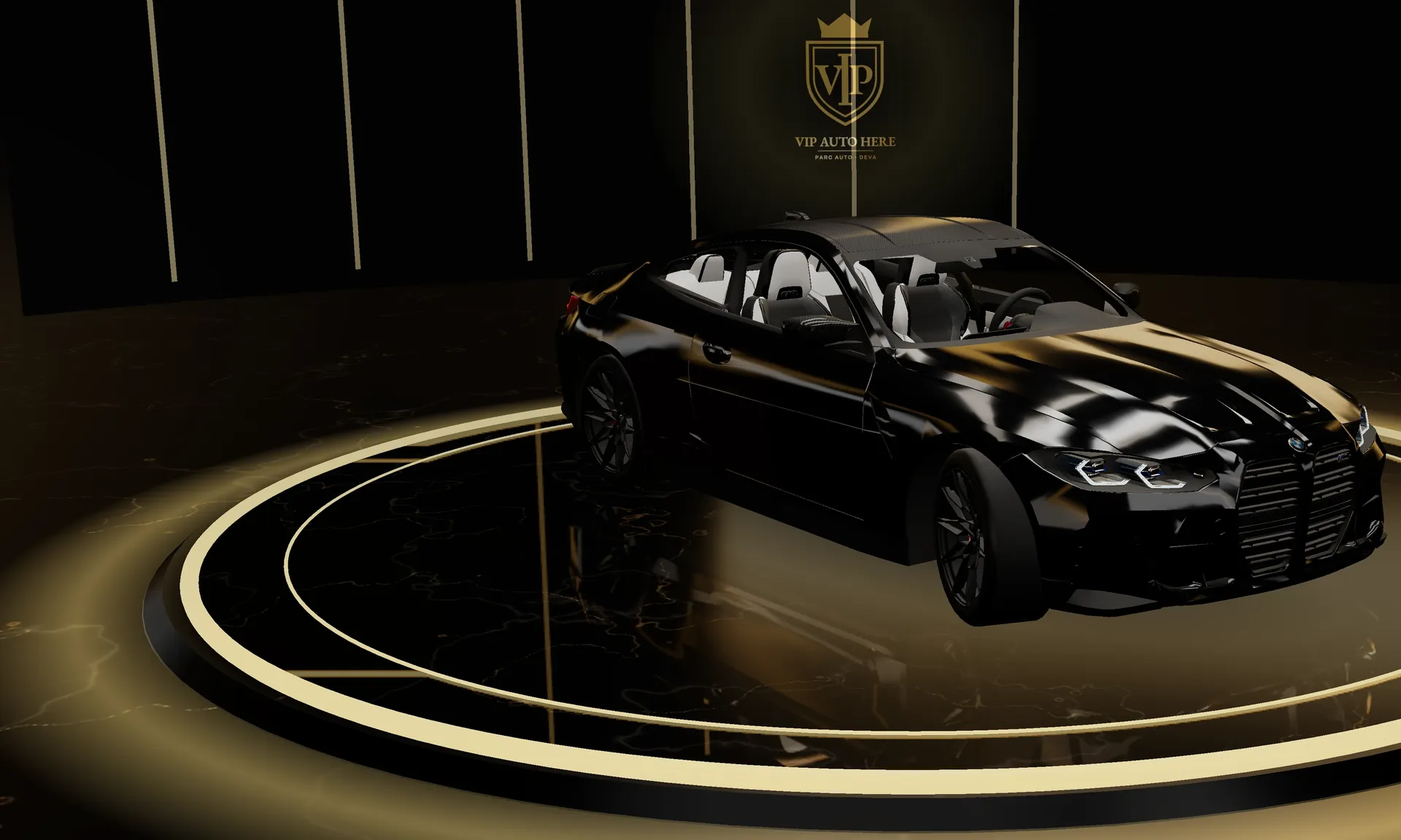 Mașină neagră pe platoul rotativ auriu din showroom-ul VIP Auto Here